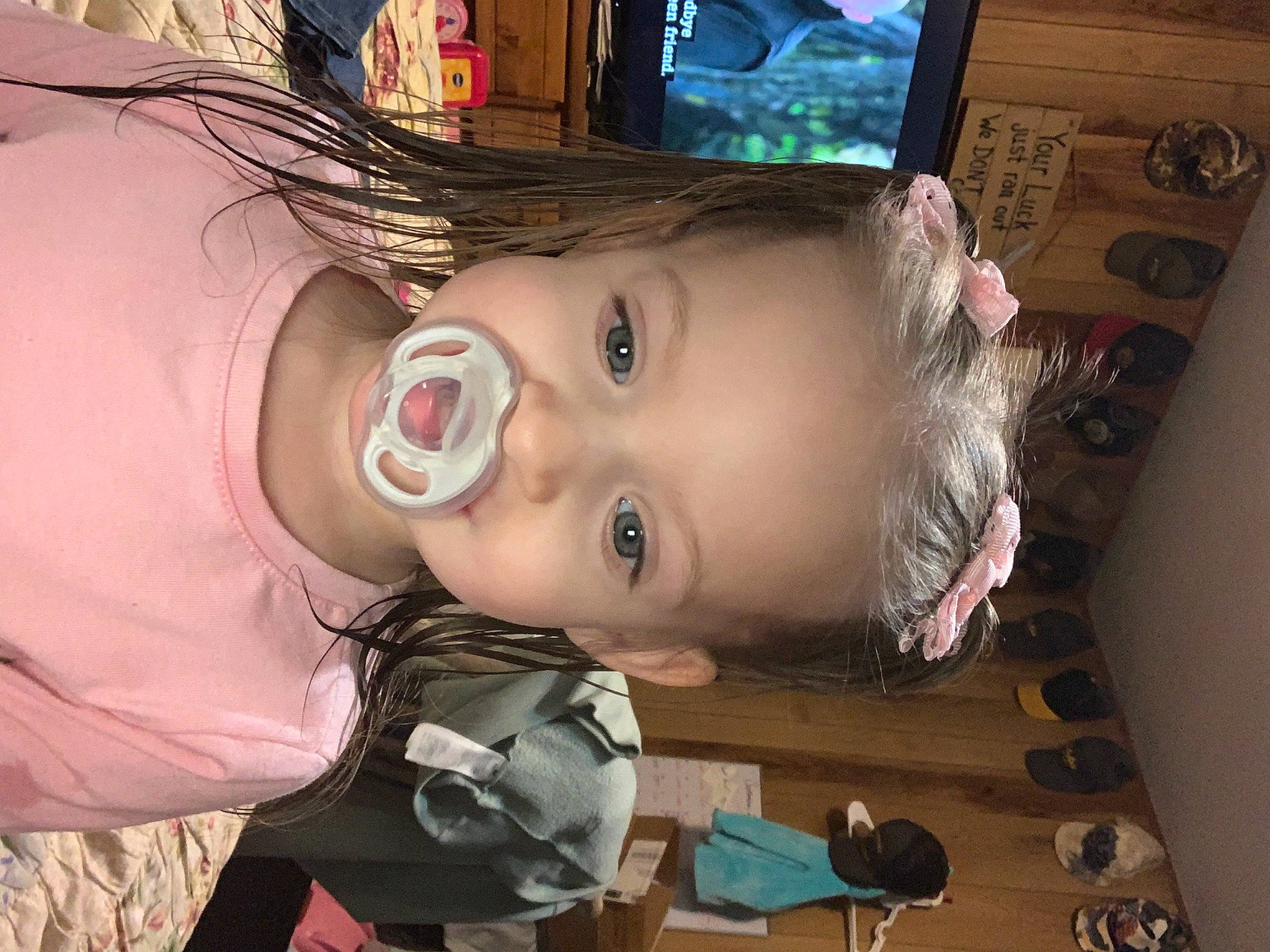 Aspyn is registered to the contest to win money with this photo: art, baby, cheek, child, eyebrow, eyelash, fashion_accessory, fun, happy, iris, lip, nose, person, personal_protective_equipment, picture_frame, room, smile, television, toddler, toy