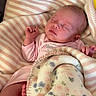 baby, blanket, child, closeup, cozy, cute, floral_blanket, indoors, infant, newborn, peaceful, pink_clothing, portrait, resting, sleeping, small_feet, small_hands, soft, striped_blanket, wrapped