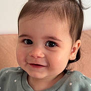 Talia participe au concours pour gagner de l'argent avec cette photo : baby, big_eyes, cheek, child, closeup, cute, dark_eyes, face, hair, indoor, infant, person, polka_dot, ponytail, portrait, seated, skin, smile, sweater, toddler