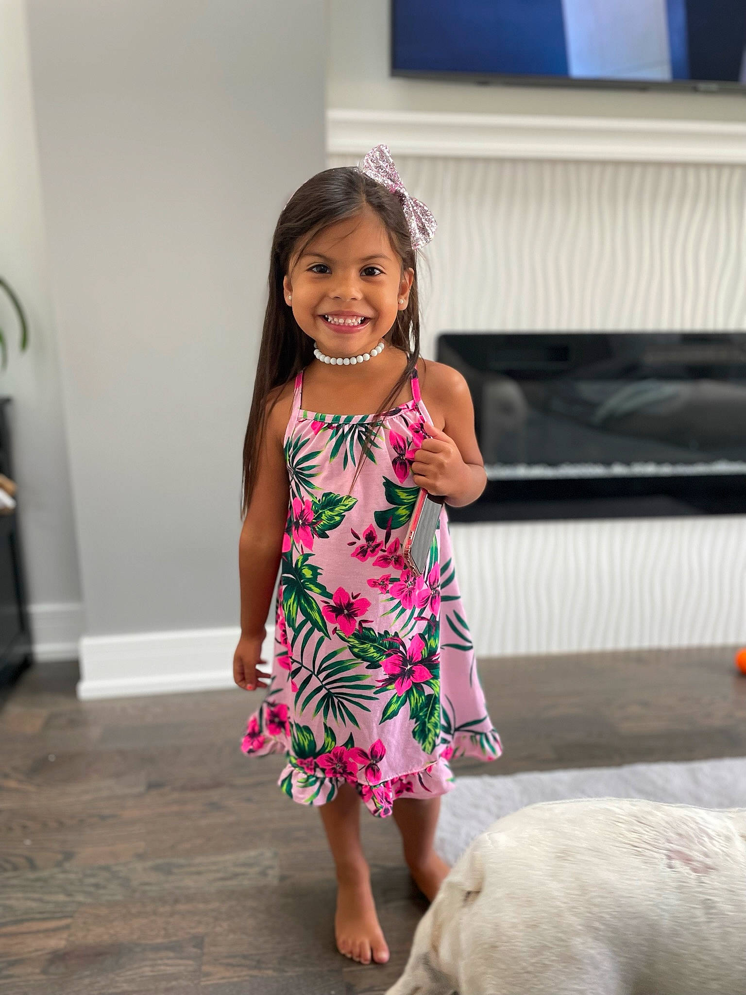 Mia joined the competition — help win amazing prizes! barefoot, child, day_dress, dog_breed, dress, eye, fawn, flooring, fun, happy, joy, magenta, one_piece_garment, people, person, pink, shoulder, skin, smile, standing