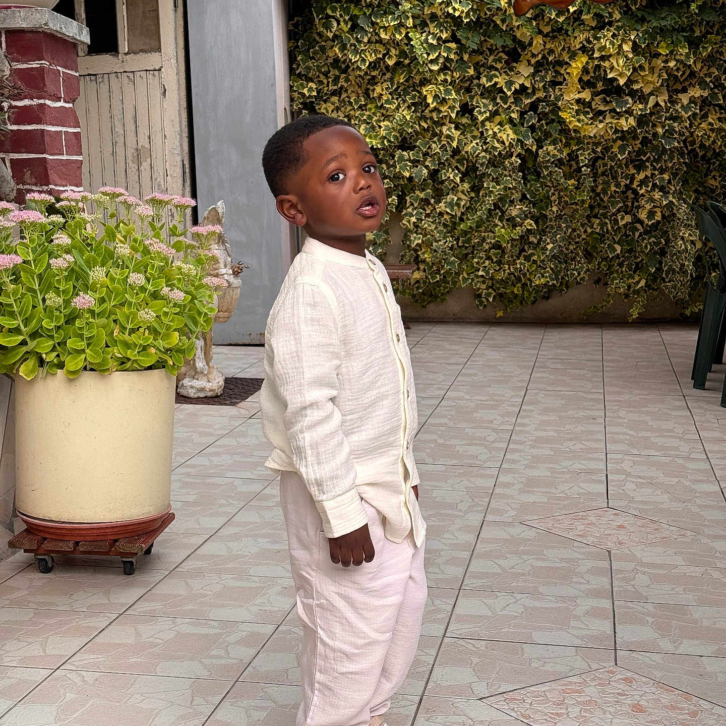 Noëlan a rejoint le concours — aidez-le/la à gagner de superbes lots ! boy, calm, casual_clothing, child, curious, fashion, garden, greenery, innocence, ivy, natural_light, outdoor, patio, plants, portrait, potted_plant, sneakers, standing, tiles, young