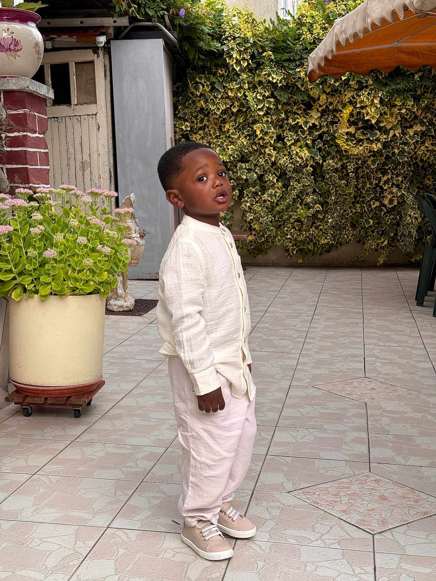 Noëlan a rejoint le concours — aidez-le/la à gagner de superbes lots ! child, boy, standing, curious, ivy, plants, potted_plant, outdoor, patio, tiles, casual_clothing, sneakers, greenery, natural_light, garden, young, portrait, fashion, calm, innocence