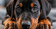 Blue Rico Max is registered to the contest to win money with this photo: dog, puppy, doberman, close_up, lying_down, paws, ears, eyes, cute, pet, animal, portrait, soft_texture, floor, indoor, black_and_tan, fur, nose, whiskers, adorable