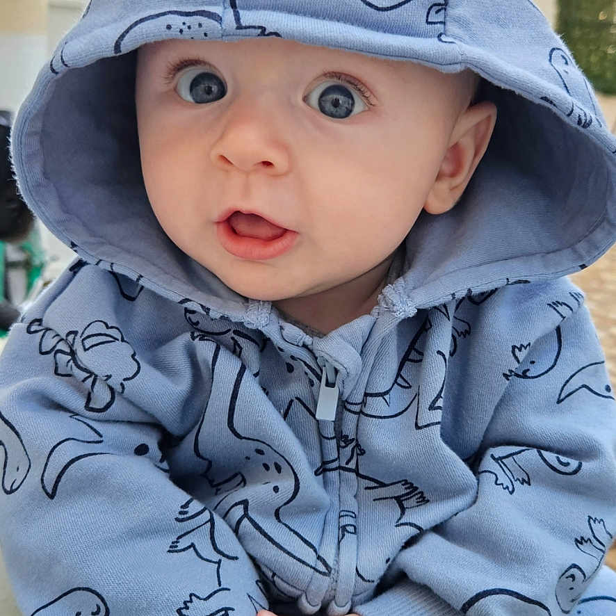 Arsenie participe au concours pour gagner de l'argent avec cette photo : baby, big_eyes, blue_clothing, casual_clothing, child, closeup, curious_expression, cute, dinosaur_pattern, face, hand_holding, hood, hoodie, human, infant, outdoor, person, portrait, sitting, young_child