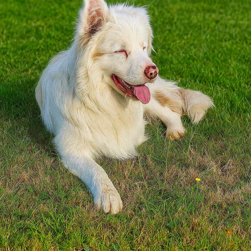 Lucky a rejoint le concours — aidez-le/la à gagner de superbes lots ! animal, canine, dog, friendly, fur, grass, greenery, happy, laying_down, mammal, nature, outdoor, park, peaceful, pet, relaxed, summer, sunlight, tongue_out, white_dog