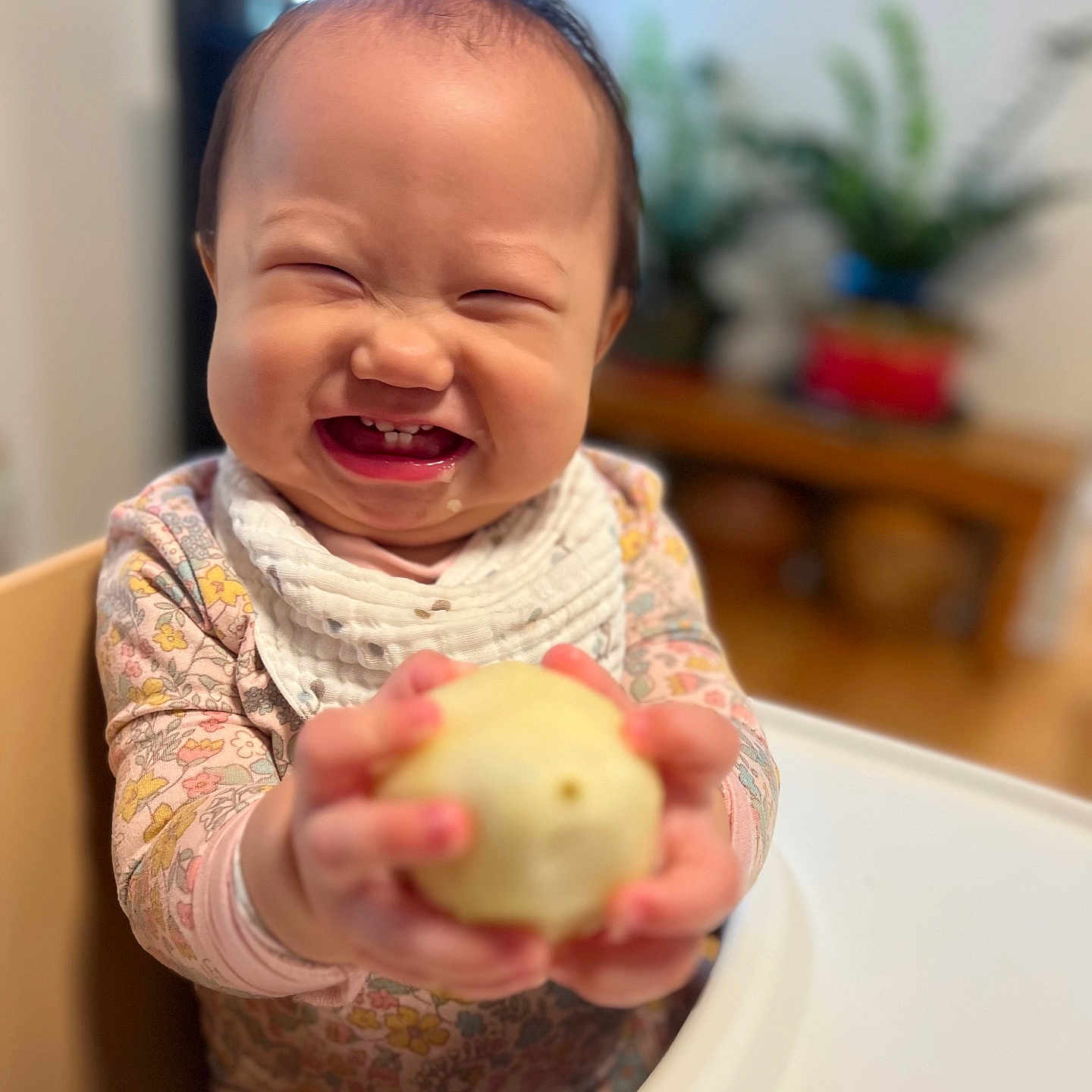 Lumi joined the competition — help win amazing prizes! baby, bib, child, clothing, cute, expression, face, food, furniture, hand, happy, high_chair, holding, home, indoor, infant, person, smile, snack, table
