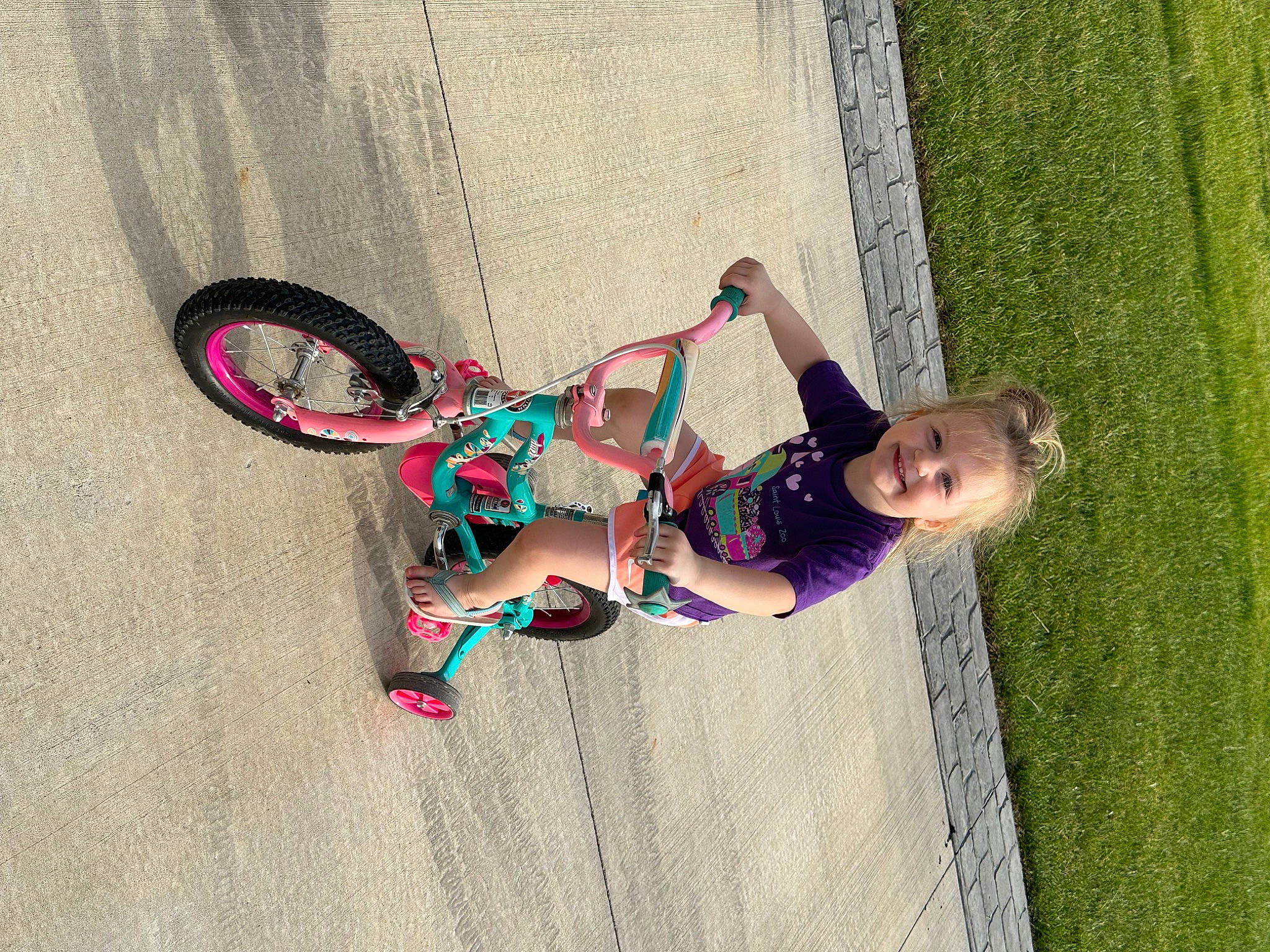 Kinzley is registered to the contest to win money with this photo: bicycle, bicycle_frame, bicycle_handlebar, bicycle_tire, bicycle_wheel, dress, face, fun, grass, happy, joy, leisure, magenta, people_in_nature, person, pink, plant, recreation, tire, toddler