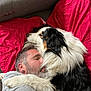 Pako participe au concours pour gagner de l'argent avec cette photo : dog, man, couch, red_cushion, embrace, beard, sleeping, fur, pet, indoor, cozy, friendship, resting, comfort, casual_clothing, head, paw, close_up, relaxation, affection
