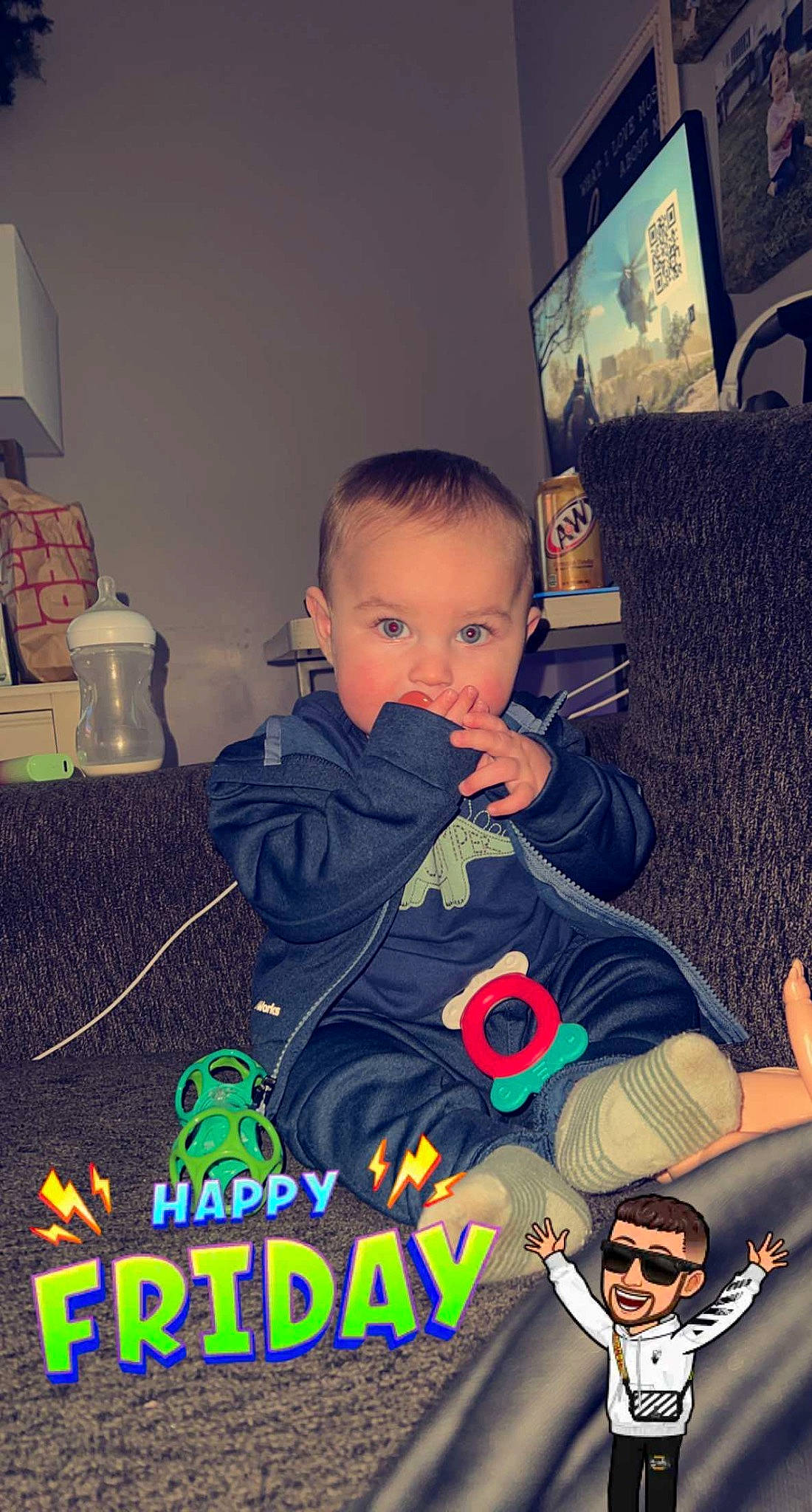 Brantley is registered to the contest to win money with this photo: art, baby, baby_products, baby_toddler_clothing, chair, child, cool, couch, fictional_character, font, happy, lamp, person, photo_caption, play, room, sitting, snapshot, square, t_shirt