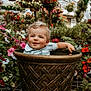toddler, child, flower_pot, flowers, garden, greenhouse, smile, curly_hair, blonde, plants, colorful, nature, pottery, cute, portrait, outdoor, baby, botanical, happy, sitting