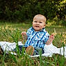 baby, blanket, blue_shirt, casual_clothing, child, cute, daytime, field, grass, grass_blades, greenery, happy, nature, outdoor, portrait, sitting, smiling, sunlight, toddler, young_child