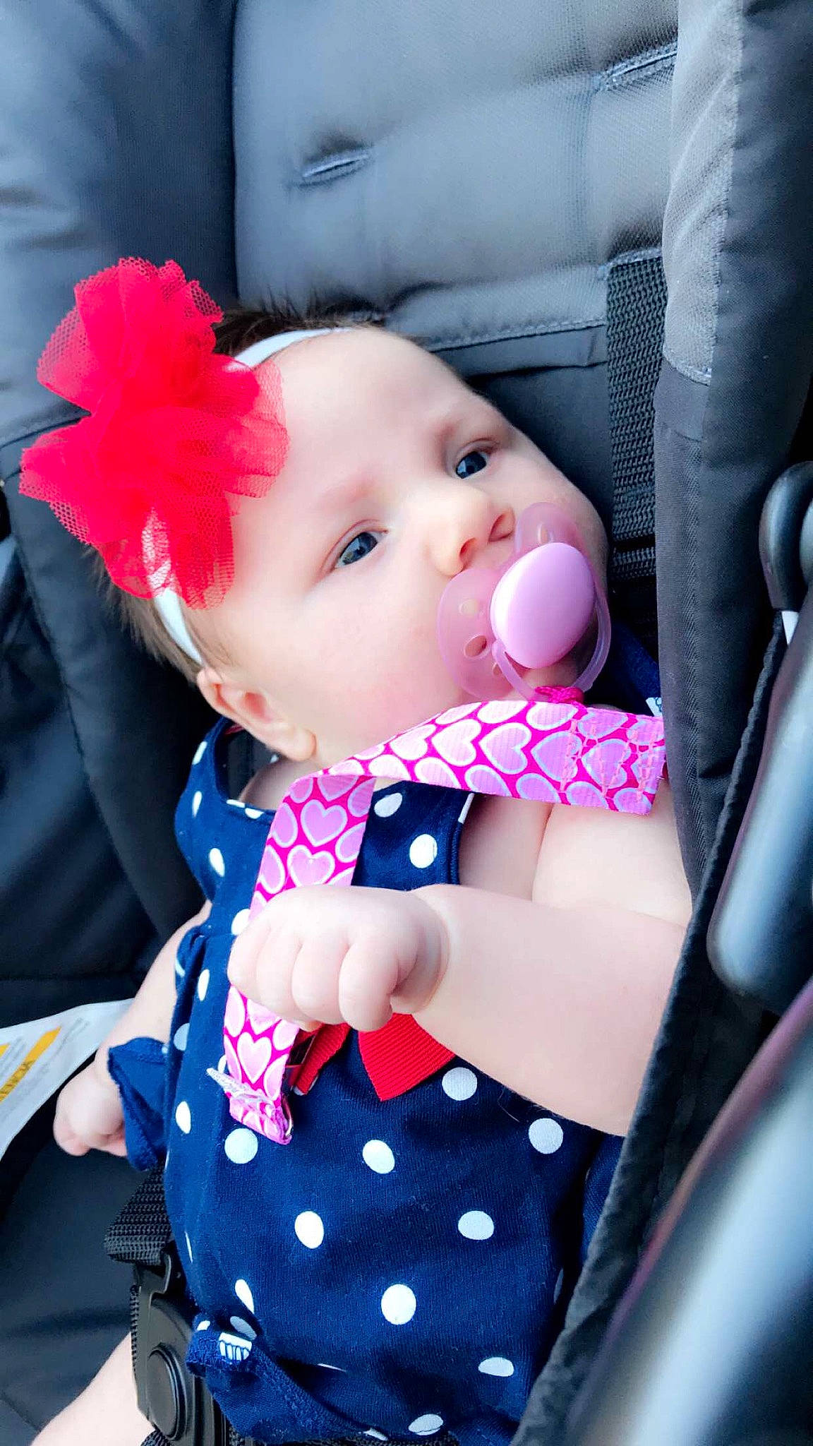 Riverlyn is registered to the contest to win money with this photo: baby, baby_products, baby_toddler_clothing, beauty, cheek, child, design, pattern, person, pink, polka_dot, product, skin, toddler