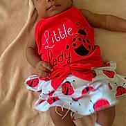 Nyla is registered to the contest to win money with this photo: baby, infant, child, red_clothing, headband, bow, blanket, ladybug_pattern, skirt, white_socks, cute, smiling, lying_down, soft_texture, portrait, indoors, happy, young_child, fashion, accessory