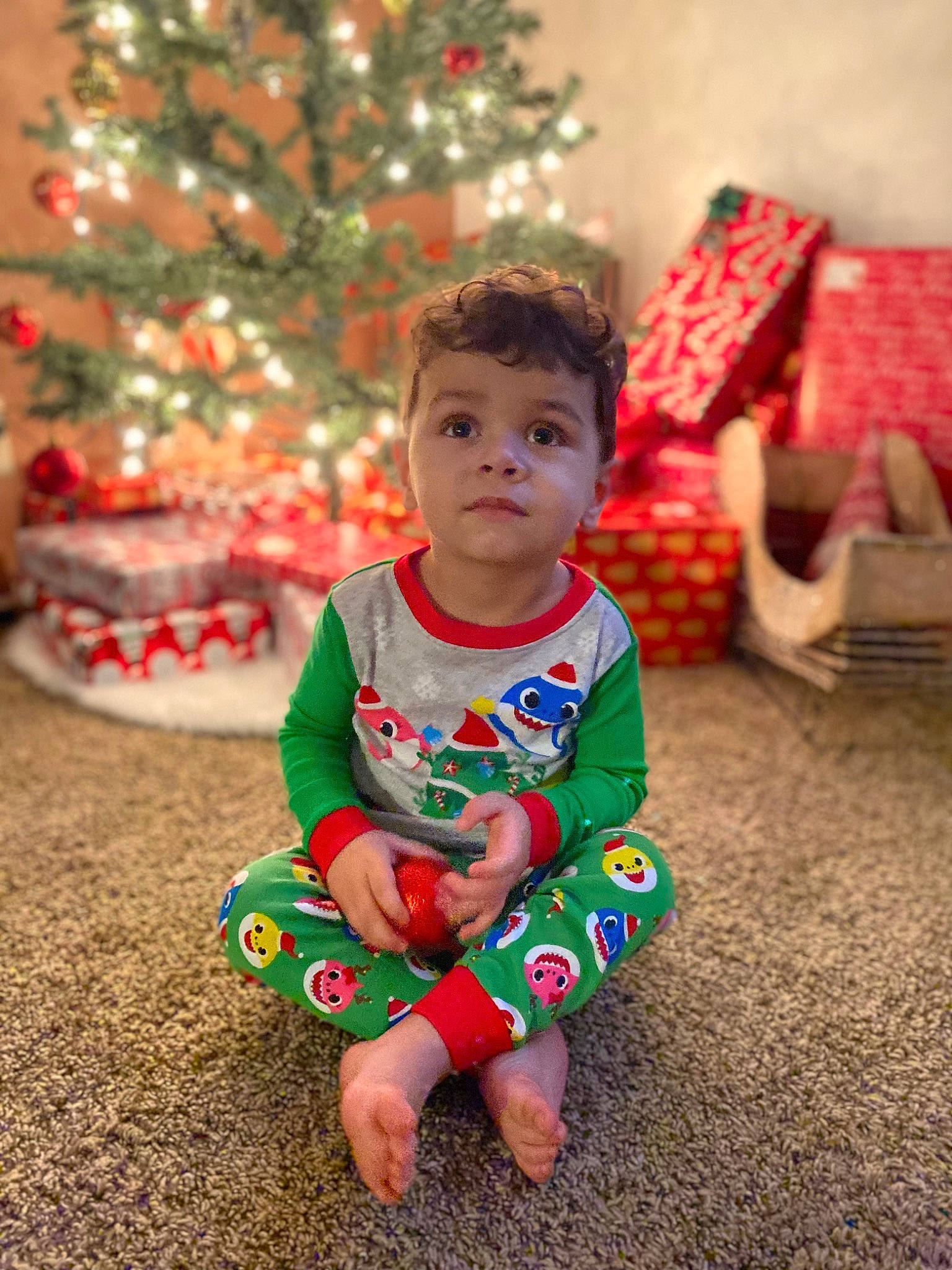 Aj joined the competition — help win amazing prizes! baby, baby_toddler_clothing, child, christmas, christmas_decoration, christmas_ornament, christmas_tree, dress, event, fun, grass, happy, head, holiday, person, plant, sleeve, standing, toddler, tree
