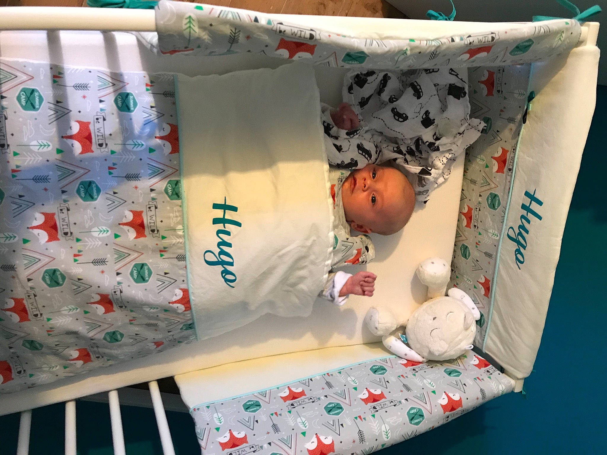 Hugo a rejoint le concours — aidez-le/la à gagner de superbes lots ! baby, baby_products, baby_toddler_clothing, baby_toys, bed_sheet, bedding, bedtime, cushion, infant_bed, linens, paper_product, person, quilt, room, stuffed_toy, teddy_bear, textile