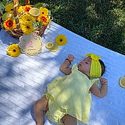 Charlotte is registered to the contest to win money with this photo: baby, infant, yellow_dress, headband, blanket, outdoor, grass, flowers, basket, lemons, sign, two_months, sleeping, nature, sunlight, summer, cute, peaceful, portrait, resting