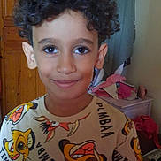 Amir a rejoint le concours — aidez-le/la à gagner de superbes lots ! child, boy, curly_hair, smiling, shirt, lion_king, indoor, wardrobe, clothing, furniture, face, person, portrait, happy, young, cute, room, casual, colorful, hair