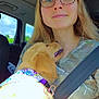Ellie is registered to the contest to win money with this photo: animal, camo_shirt, car, closeup, collar, dog, face, fur, glasses, golden_retriever, happy, interior, person, pet, puppy, seat, seatbelt, smile, sunlight, window