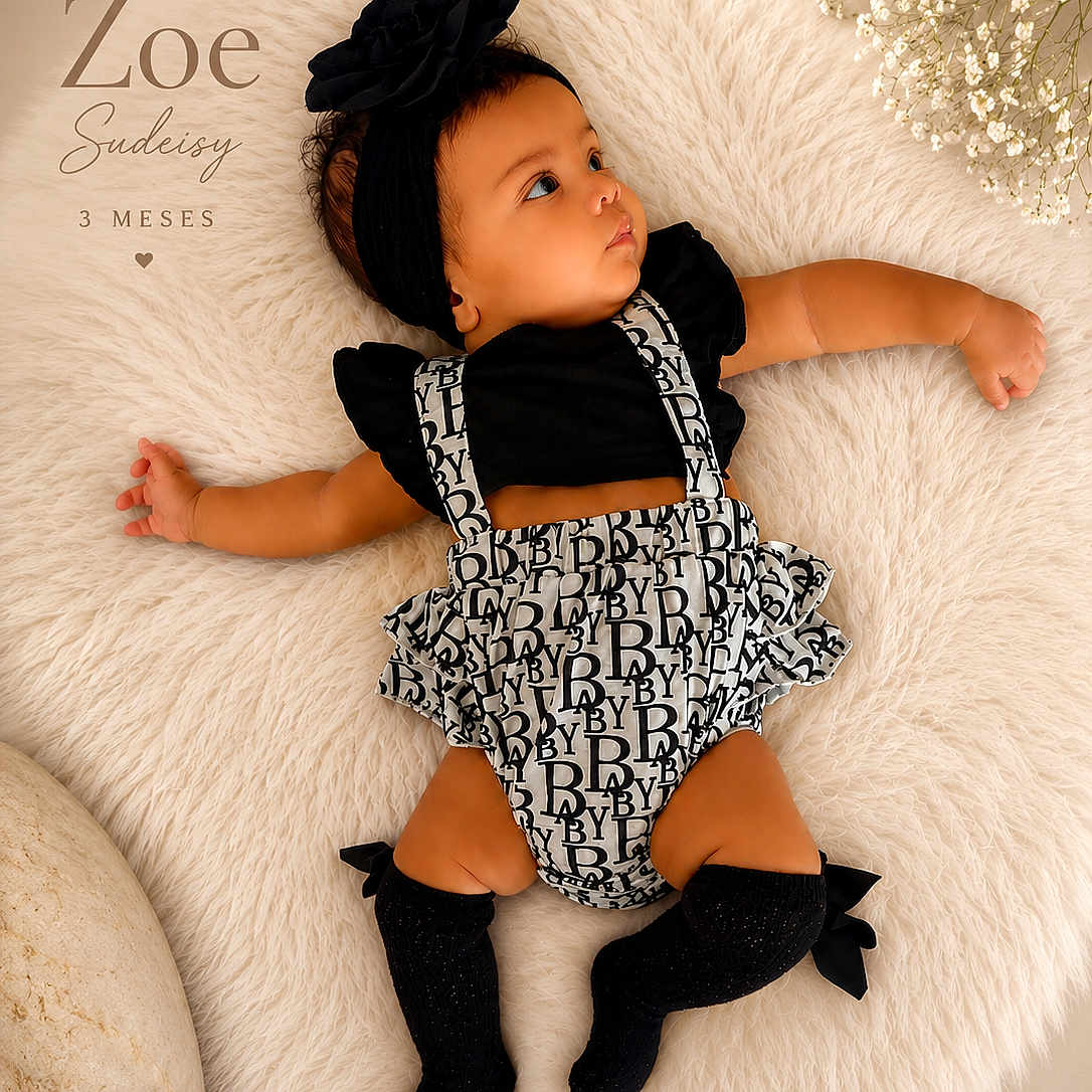 Zoe is registered to the contest to win money with this photo: baby, infant, girl, black_headband, flower_headband, black_top, patterned_overalls, knee_high_socks, fluffy_rug, white_rug, lying_down, cute, portrait, flowers, decor, soft_texture, newborn, child, adorable, studio_photo