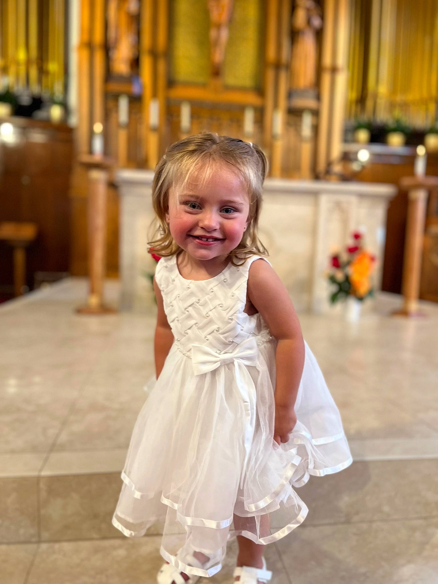 Josie joined the competition — help win amazing prizes! baby, beauty, blond, bridal_clothing, bridal_party_dress, child, dress, event, flooring, formal_wear, fun, gown, happy, joy, person, sandal, skin, smile, toddler, tradition