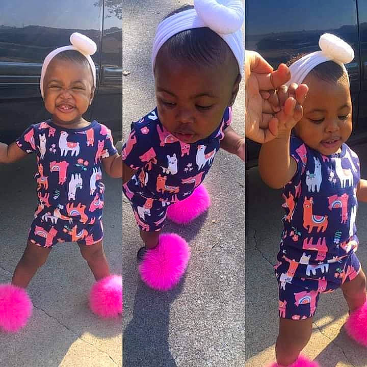 Zelle is registered to the contest to win money with this photo: active_pants, baby, baby_toddler_clothing, child, ear, hair_accessory, hand, happy, headband, mouth, nightwear, nose, person, pink, play, purple, toddler