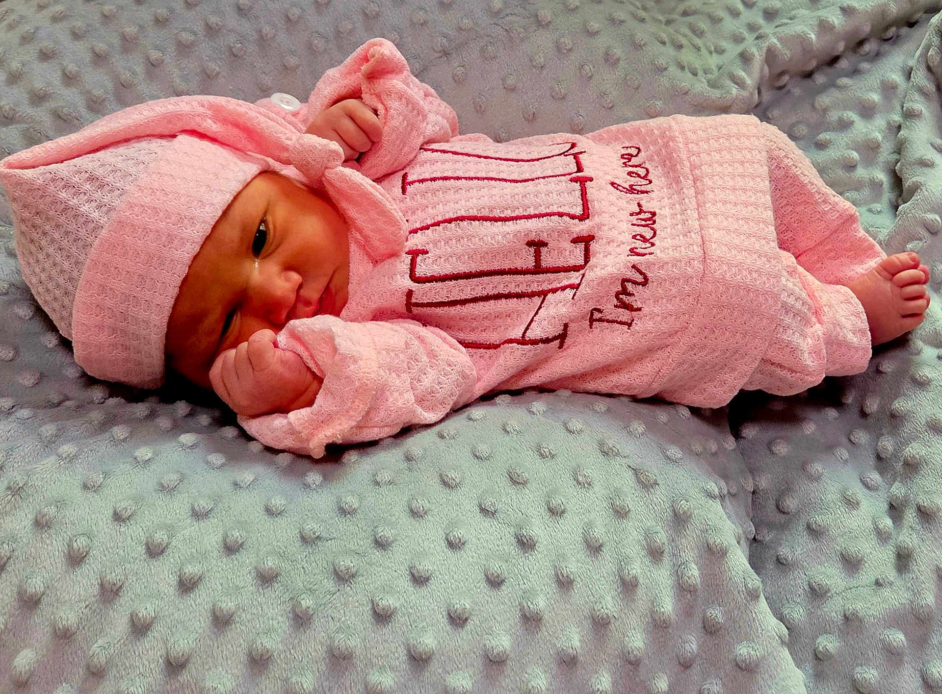 Florence is registered to the contest to win money with this photo: newborn, baby, pink_clothing, hat, blanket, infant, lying_down, soft_texture, cute, small_hands, peaceful, wrapped, cozy, portrait, indoors, sleepy, child, toddler, soft_lighting, resting