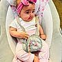 Kayla joined the competition — help win amazing prizes! baby, child, infant, pink_headband, pink_pants, white_shirt, baby_seat, floral_pattern, safety_strap, carrying_strap, foot, hand, face, cute, indoors, carpet, comfort, seated, expression, headwear