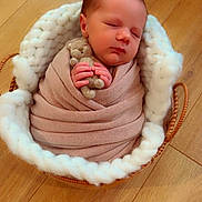 Swan a rejoint le concours — aidez-le/la à gagner de superbes lots ! newborn, baby, sleeping, swaddled, blanket, teddy_bear, basket, knit, wooden_floor, infant, peaceful, cute, hand, face, portrait, indoors, soft_texture, resting, cozy, child