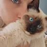 Plume participe au concours pour gagner de l'argent avec cette photo : person, cat, siamese_cat, blue_eyes, close_up, portrait, fluffy, pet, animal, feline, face, holding, indoor, soft_lighting, intimate, love, cute, whiskers, fur, eye_contact