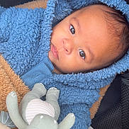 Samuel participe au concours pour gagner de l'argent avec cette photo : baby, blue_hoodie, stuffed_toy, blanket, stroller, child, face, portrait, cozy, infant, cute, soft_toy, warm_clothing, fuzzy_texture, looking, small_hands, indoors, comfortable, young_child, casual