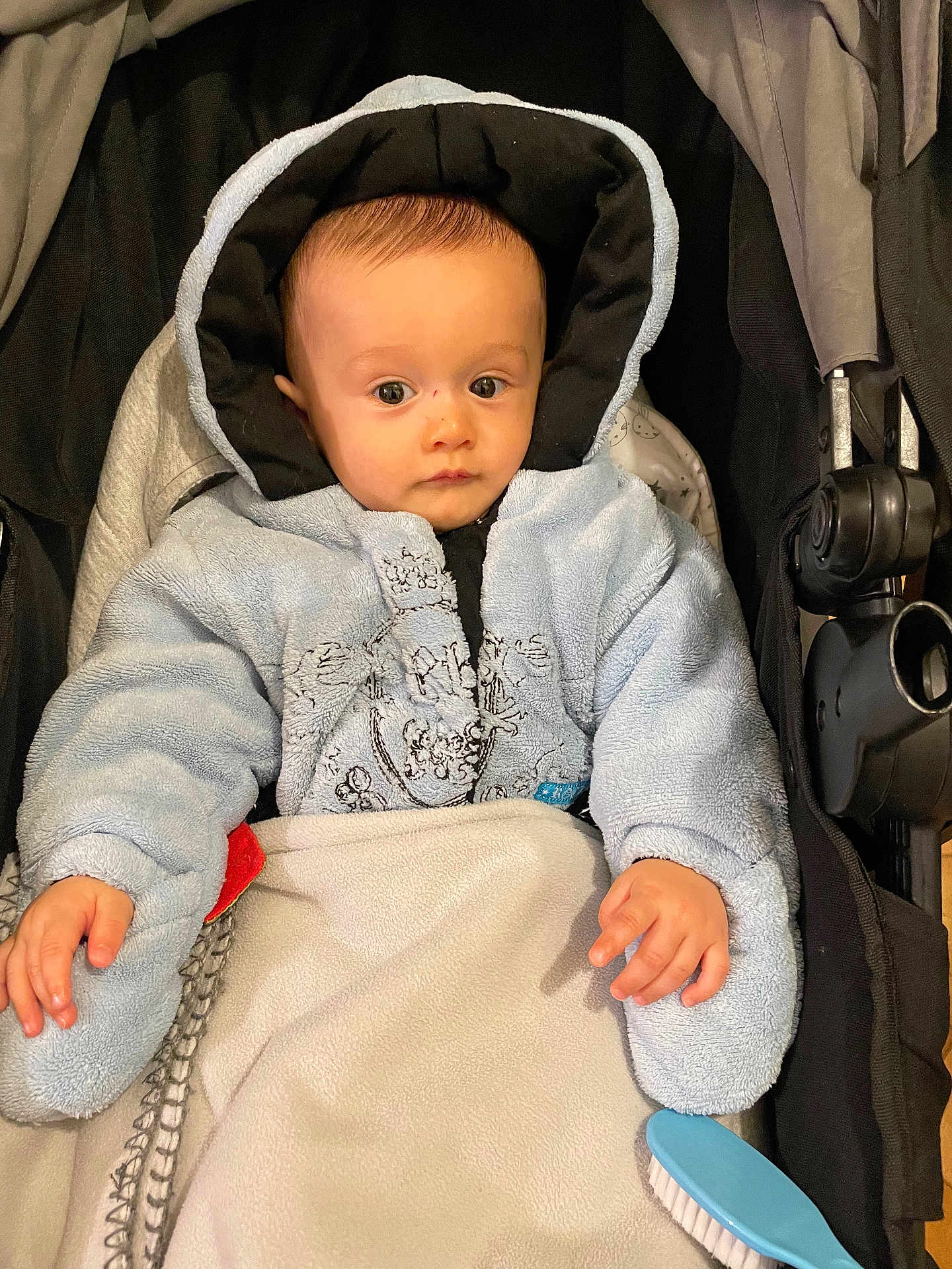 Mehdi participe au concours pour gagner de l'argent avec cette photo : baby, child, hooded_jacket, blanket, stroller, hand, face, person, blue, coat, infant, young_child, seated, brush, curious, indoors, clothing, warm, cute, portrait