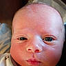 baby, newborn, face, skin, eyes, clothing, button, portrait, infant, cute, expression, closeup, person, young, head, babywear, soft, newborn_clothing, indoors, human