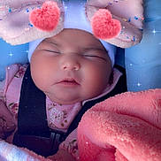 Evangeline joined the competition — help win amazing prizes! baby, sleeping, blanket, pink, blue, headwear, face, infant, carseat, cute, adorable, child, soft, warm, resting, closeup, digital_filter, heart, bow, peaceful