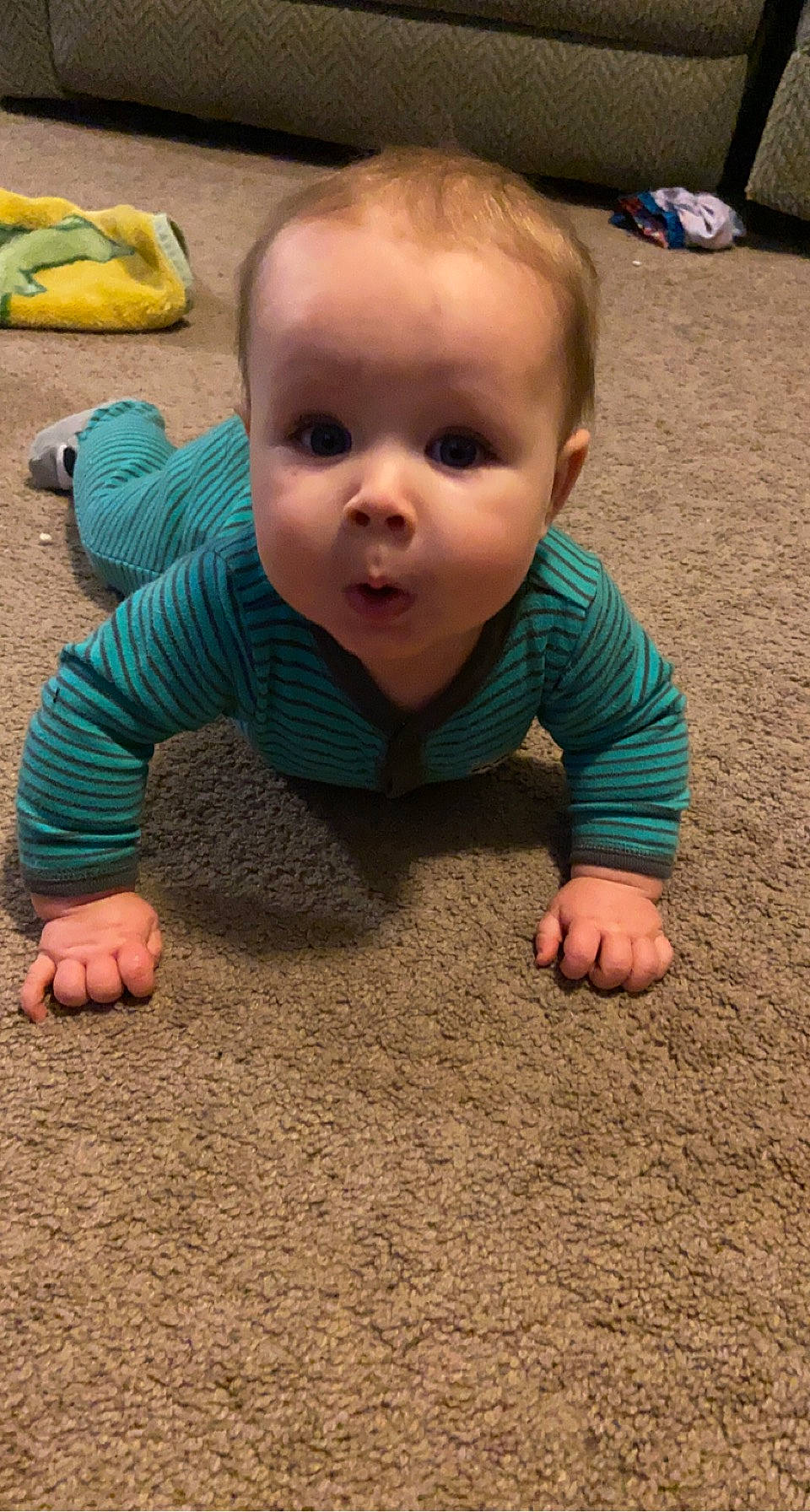 Emerson joined the competition — help win amazing prizes! baby, baby_toddler_clothing, cheek, child, comfort, crawling, finger, floor, flooring, foot, fun, grass, nose, person, sitting, skin, smile, surprise, thumb, toddler