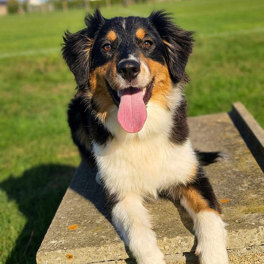 Bulle participe au concours pour gagner de l'argent avec cette photo : dog, australian_shepherd, pet, animal, fluffy, tricolor, black_fur, brown_fur, white_fur, tongue_out, happy, sitting, outdoor, grass, field, sunny, countryside, houses, stone_wall, portrait