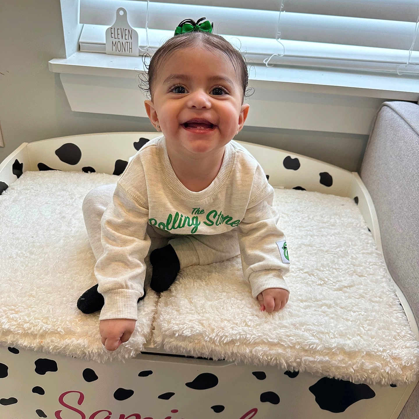 Samiyah joined the competition — help win amazing prizes! animal, baby, bed, canine, clothing, crawling, crib, cushion, face, furniture, head, homedecor, hosiery, infantbed, pants, person, pet, photography, portrait, sitting
