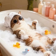 Sara is registered to the contest to win money with this photo: cat, bathtub, bubbles, sunglasses, towel, rubber_ducks, flowers, window, relaxation, pets, indoor, spa, bubble_bath, fur, tabby_cat, white, orange, yellow, pink, blue