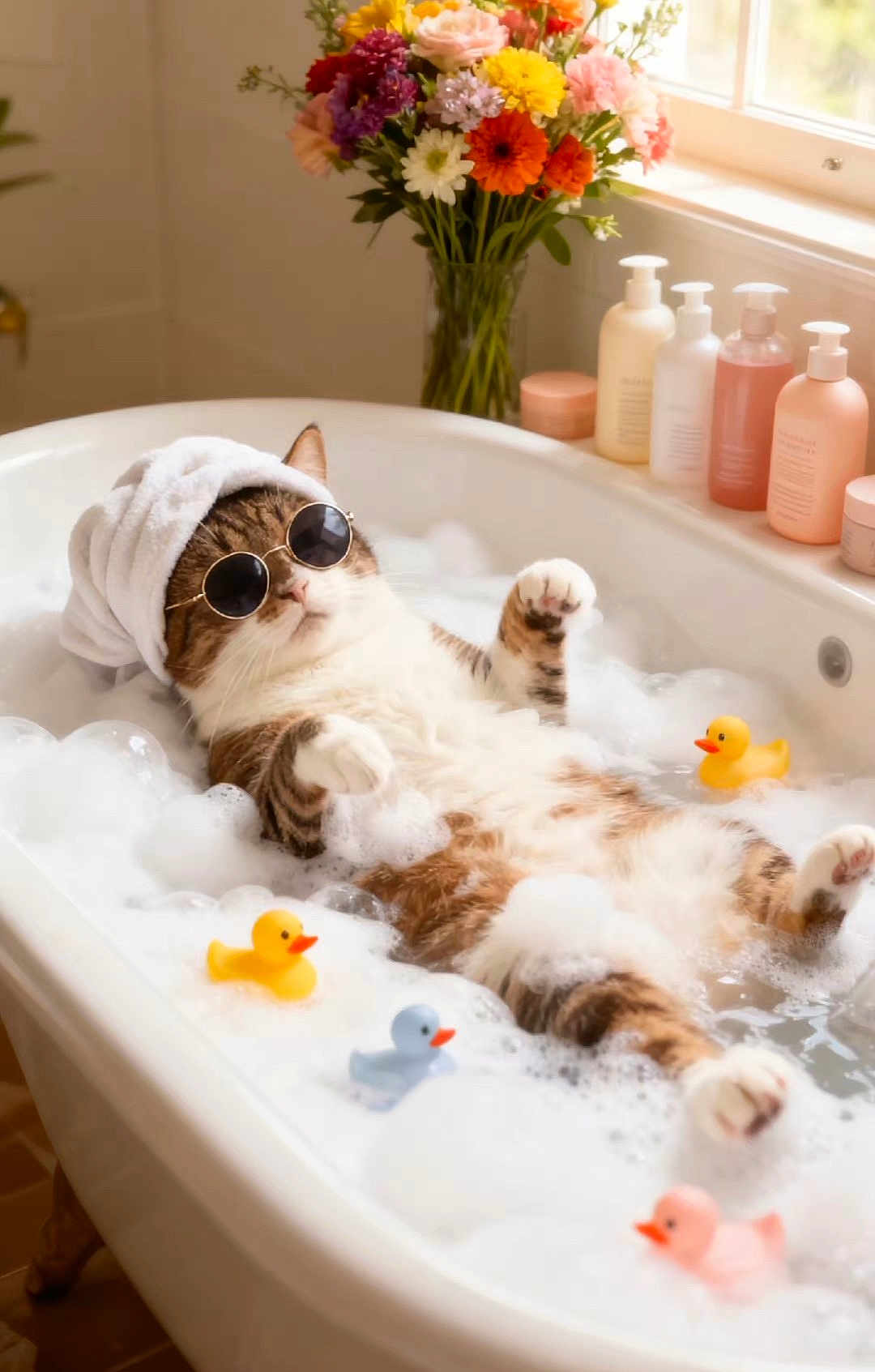 Sara is registered to the contest to win money with this photo: cat, bathtub, bubbles, sunglasses, towel, rubber_ducks, flowers, window, relaxation, pets, indoor, spa, bubble_bath, fur, tabby_cat, white, orange, yellow, pink, blue
