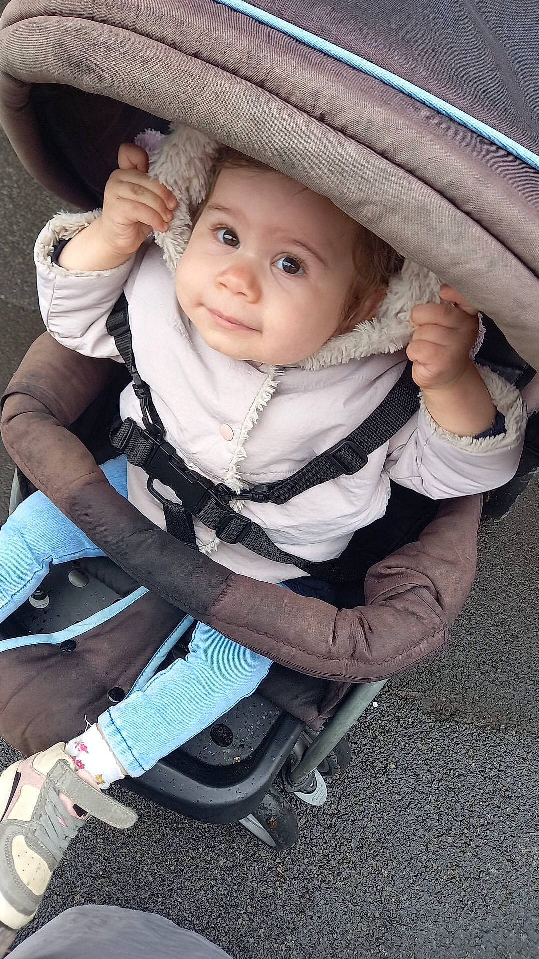 Amel participe au concours pour gagner de l'argent avec cette photo : auto_part, baby, baby_carriage, baby_products, baby_toddler_clothing, cheek, child, comfort, fashion_accessory, flash_photography, fun, grass, happy, hat, headwear, iris, person, sitting, skin, smile