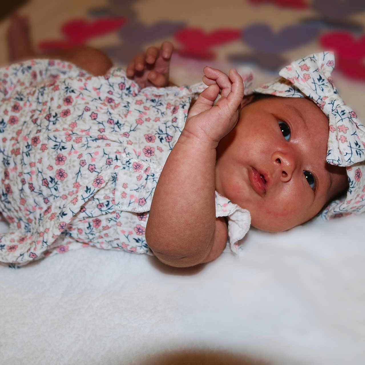 Wren joined the competition — help win amazing prizes! applique, baby, bodypart, bonnet, cap, clothing, dress, face, finger, hand, happy, hat, head, newborn, pattern, person, photography, portrait, smile, sunhat