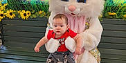 Corwin-Callum is registered to the contest to win money with this photo: baby, child, easter_bunny, mascot, bench, easter_eggs, flowers, costume, spring, holiday, celebration, cute, childrens_clothing, red_shirt, mickey_mouse, indoor, smile, person, toy, festive