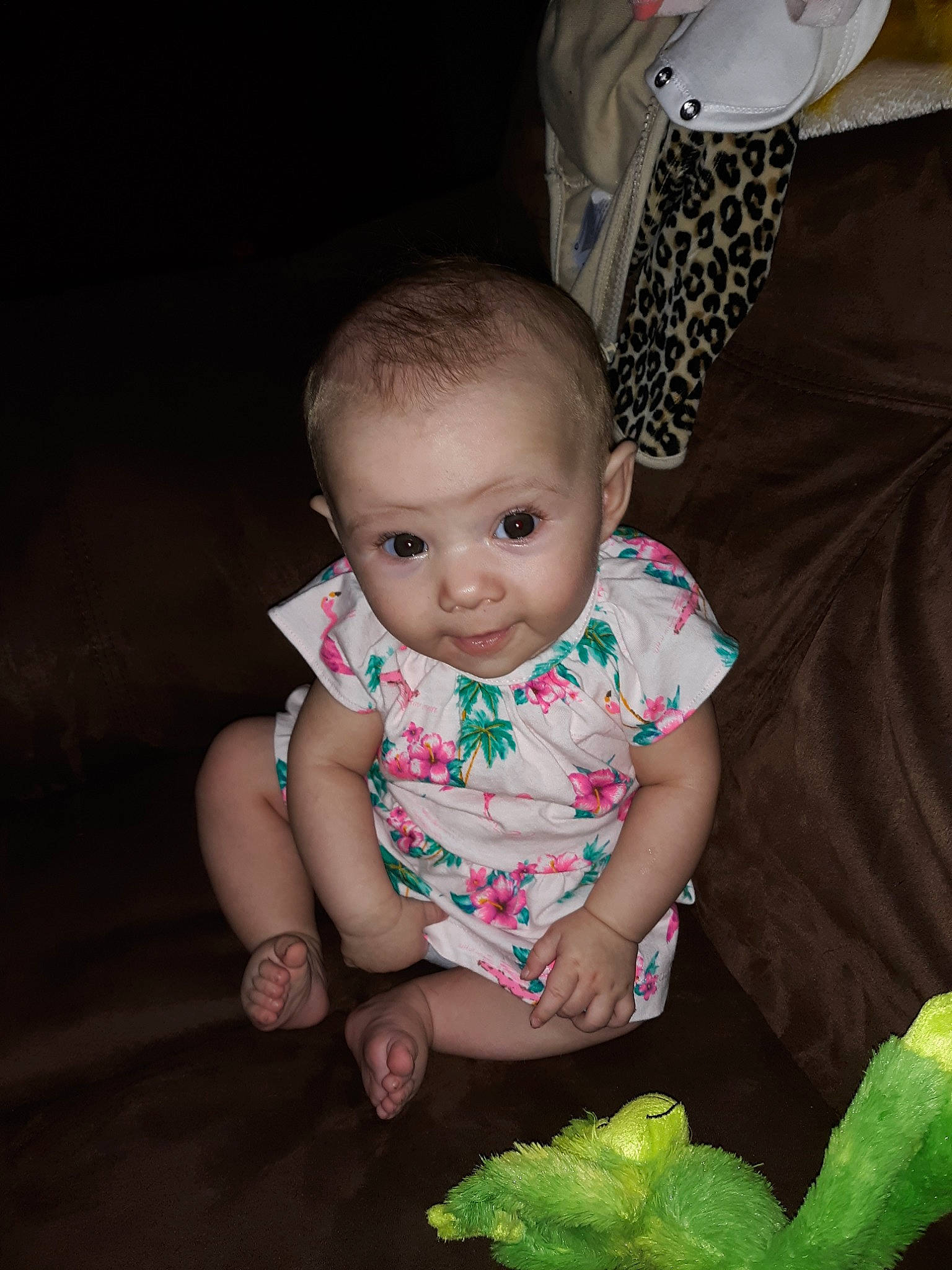 Karly joined the competition — help win amazing prizes! adaptation, baby, baby_toddler_clothing, cheek, child, eye, face, green, hand, head, iris, leaf, lip, mouth, organ, person, pink, sitting, skin, smile