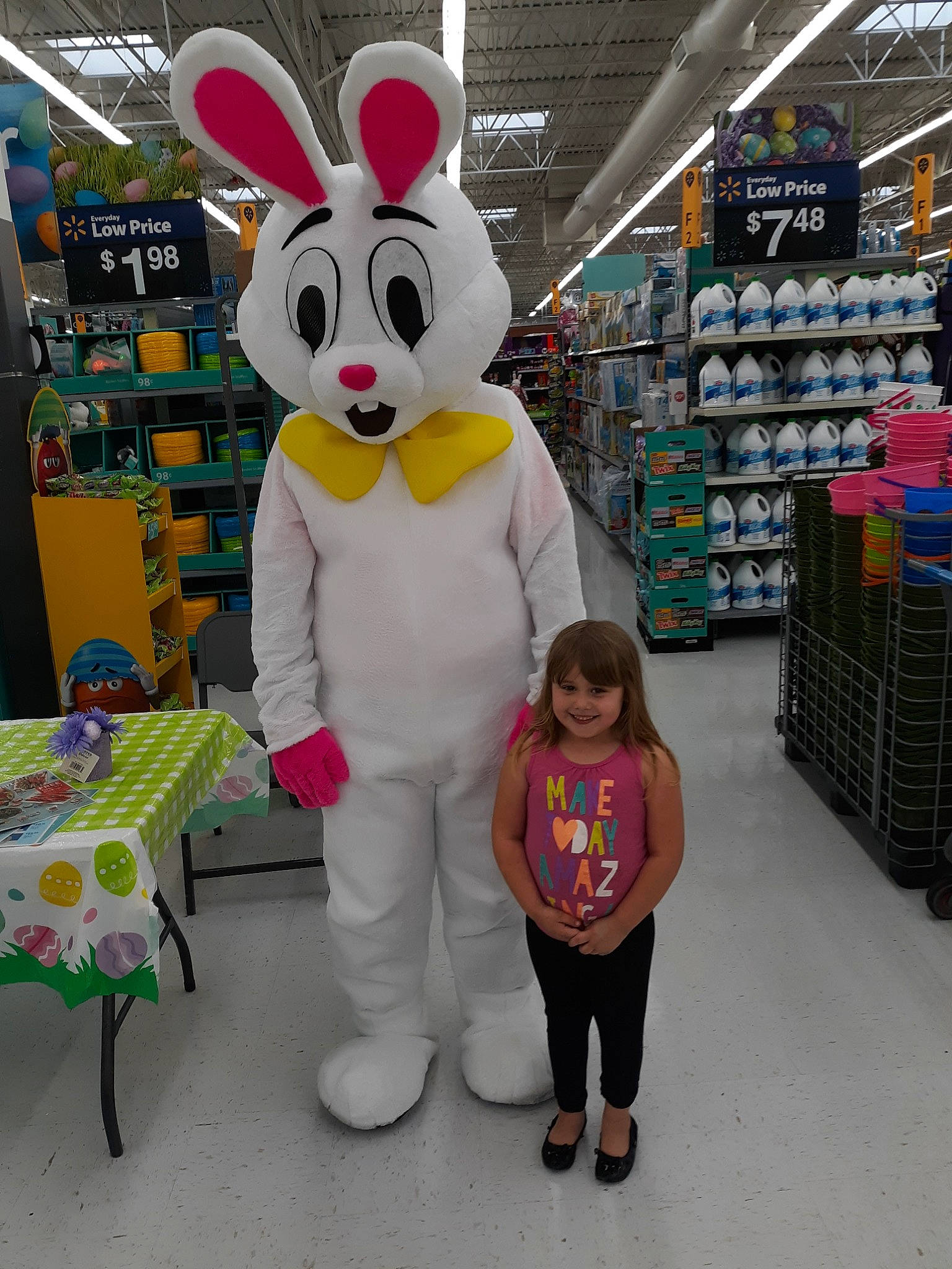 Kaylynn is registered to the contest to win money with this photo: costume, ear, easter_bunny, fun, joy, mascot, person, supermarket