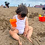baby, background, beach, child, clouds, cute, fun, legs, orange, outdoor, people, play, sand, sandcastle, sitting, sky, summer, toes, toy, white_clothing