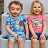 children, toddler, siblings, friends, smiling, happy, portrait, outdoor, steps, seated, curly_hair, blonde_hair, blue_outfit, pink_shirt, rainbow, cowboy_boots, pink_shoes, concrete, daylight, phone_watermark