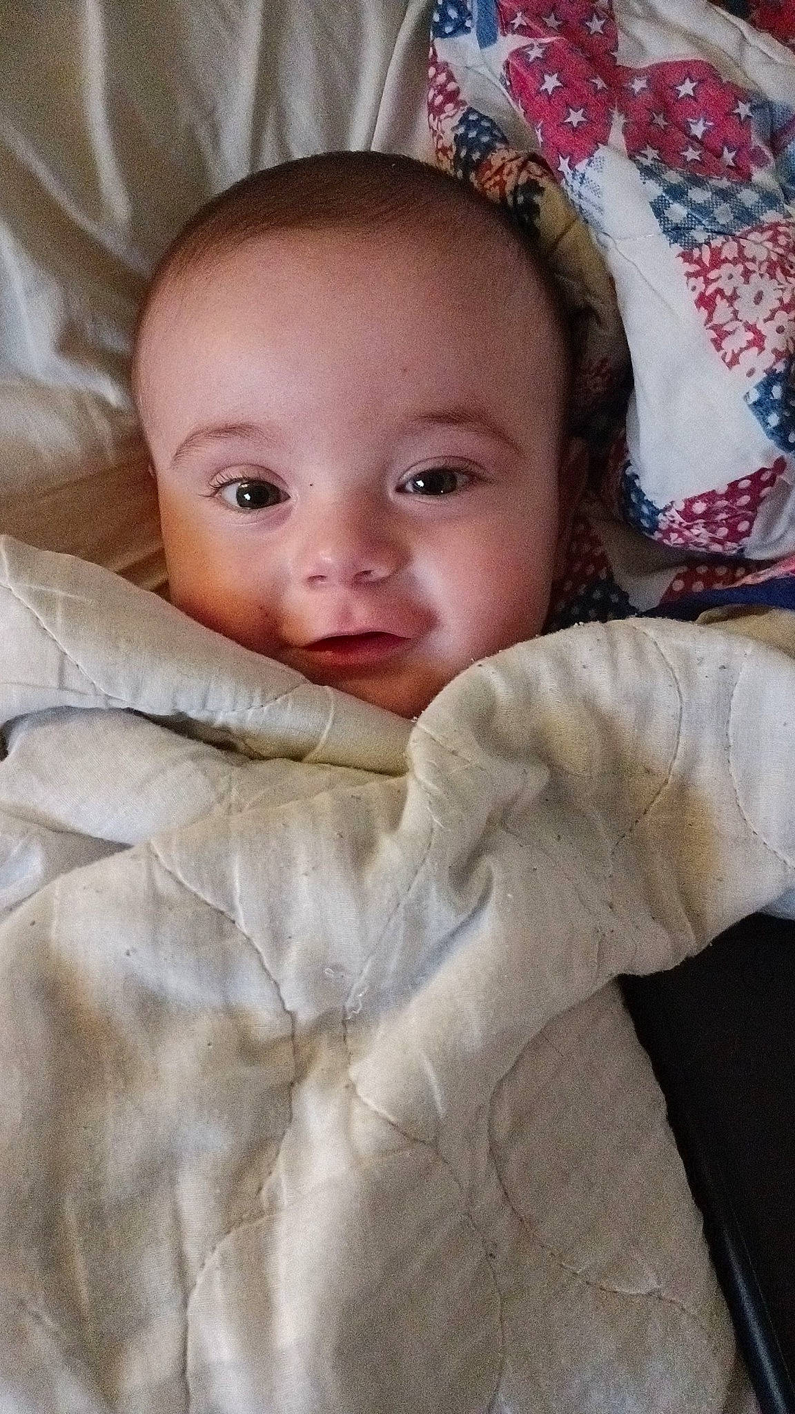 Thomas joined the competition — help win amazing prizes! baby, baby_toddler_clothing, bed_sheet, bedding, bedtime, cheek, child, comfort, eyebrow, eyelash, fur, gesture, linens, lip, nose, person, room, sleeve, smile, throw_pillow