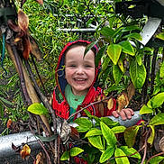 Myles joined the competition — help win amazing prizes! child, smiling, hooded_jacket, green_leaves, bush, outdoor, nature, happy, face, person, plants, trees, young, curious, playful, red, green, daylight, joyful, portrait