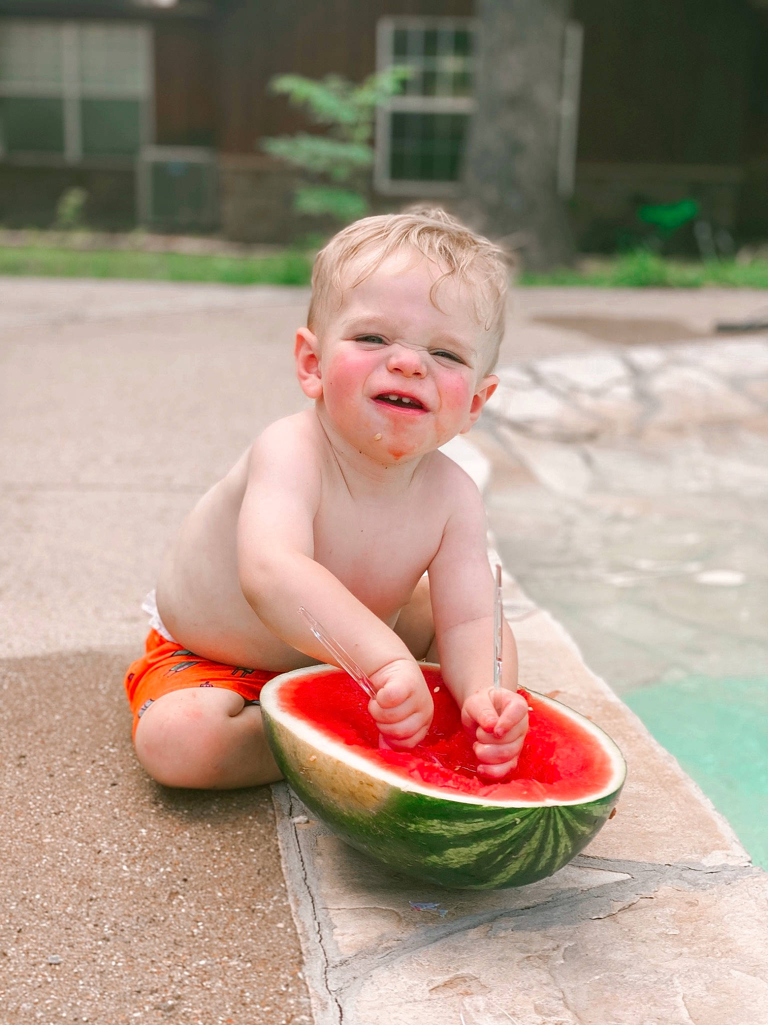 Copeland joined the competition — help win amazing prizes! baby, citrullus, crawling, face, facial_expression, finger, food, fruit, fun, grass, happy, head, leisure, melon, people_in_nature, person, plant, skin, smile, toddler