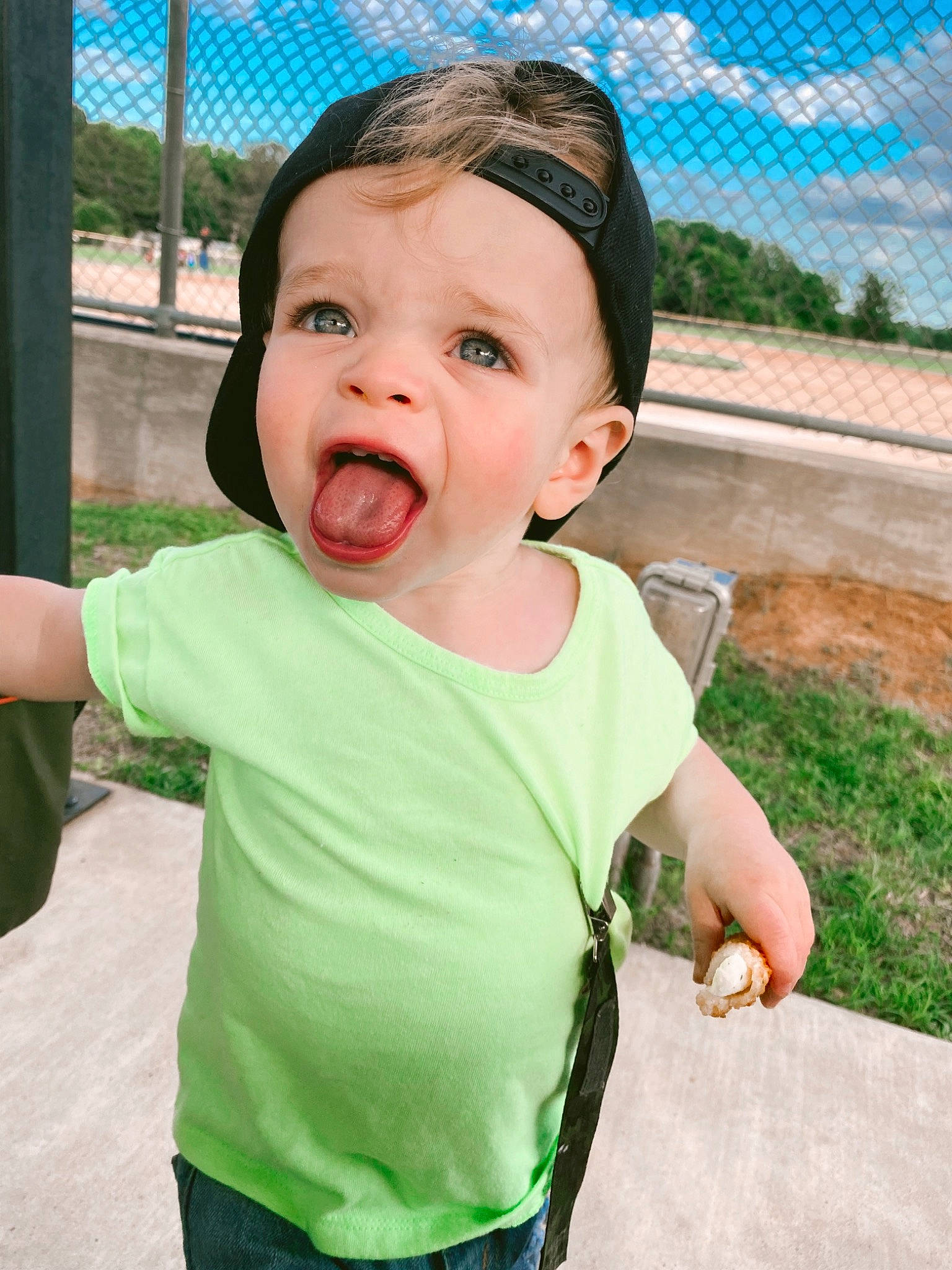 Copeland joined the competition — help win amazing prizes! baby, baby_toddler_clothing, blue, cheek, cloud, facial_expression, fun, gesture, grass, hairstyle, happy, head, headwear, leisure, lip, mouth, neck, nose, person, plant