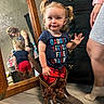 Barbie Rae joined the competition — help win amazing prizes! adult, casual_clothing, child, cowboy_boots, floor, furniture, home, indoor, legs, mirror, person, pigtails, playful, reflection, reflection_in_mirror, shorts, smile, toddler, tshirt, wooden_floor
